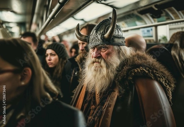 Obraz Viking Cosplayer Amidst Modern Commuters: A Striking Contrast of Eras on Public Transit