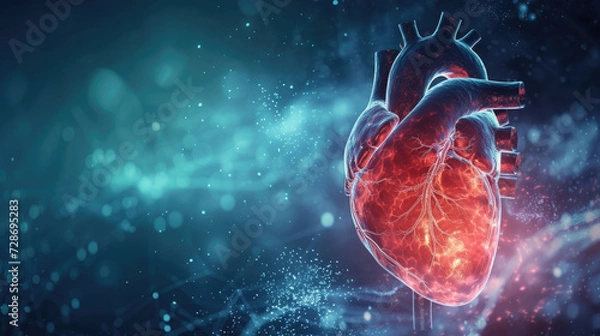 Obraz red pulsating heart with veins, anatomy of a human organ, on a blue background with bokeh