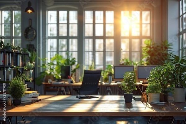 Fototapeta Sunlit Modern Office Space A Peaceful and Productive Environment with Green Plants, Wooden Tables, and Comfortable Seating
