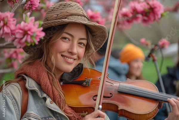 Fototapeta Young lady play on violin in spring time garden