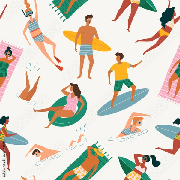 Fototapeta Vector seamless pattern with cartoon people lying on beach and sunbathing, surfers carrying surfboards. Men and women relaxing near the ocean. Summertime beach vector illustration. Flat design.