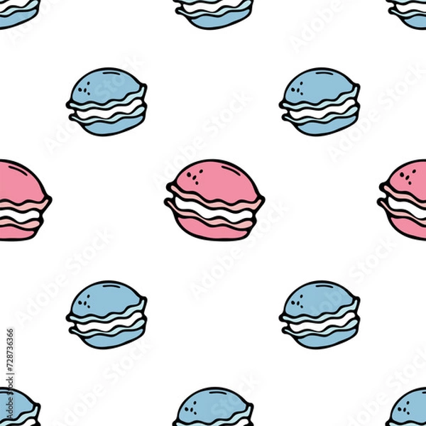 Fototapeta Colored macaroons vector seamless pattern in the style of doodles. Cartoon vector