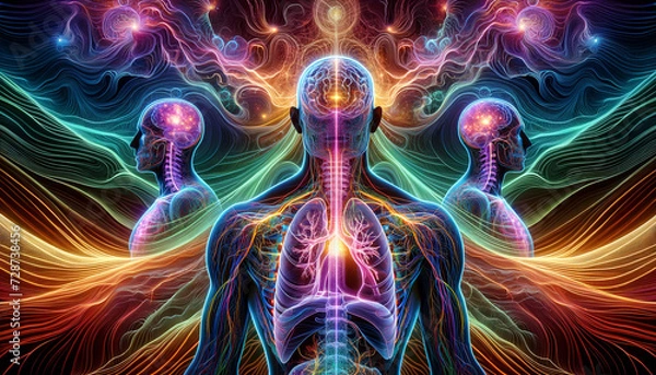 Obraz Psychedelic Mindscapes: Serene Anatomy Models in a Digital Landscape