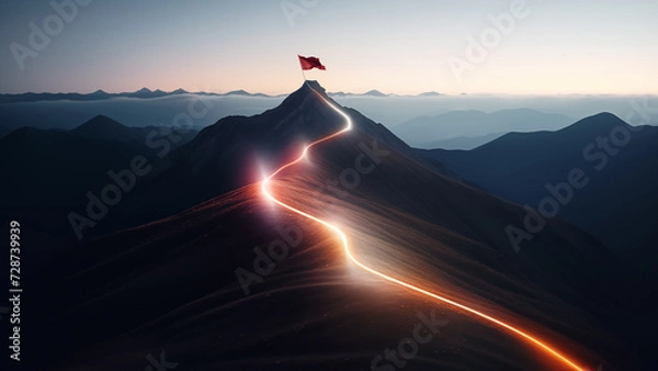 Obraz Glowing path leading to success concept with flag on peak of mountain