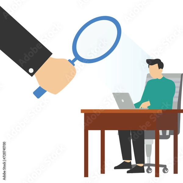 Fototapeta micro-manager boss using magnifying glass keeps eye on employees work. Micromanagement bosses and toxic managers monitor every detail, oversight, and control over employee work and processes.