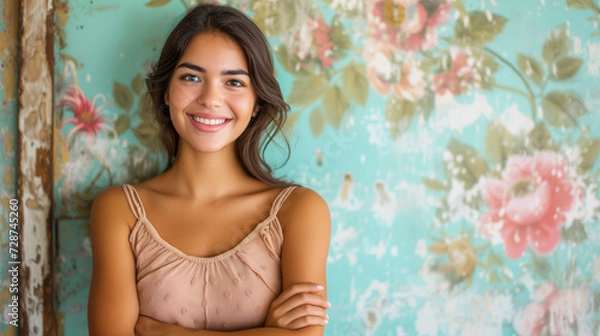 Fototapeta Portrait of a mature cheerful Latin American woman with a pleasant smile and arms crossed on her chest, against a wall in the style of Barely There Florals