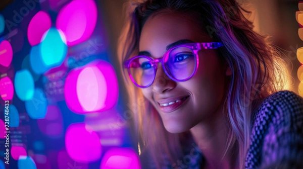 Fototapeta Smiling Futuristic Teenage Girl with Purple Glasses Illuminated by Neon Lights of the Holographic Computer Screen - Online Dating and Social Media Browsing concept