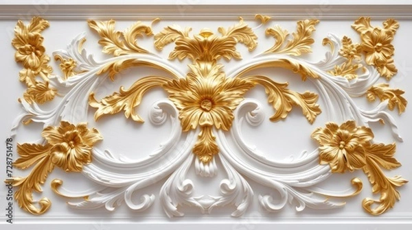 Obraz a rich golden baroque ornament delicately engraved on a pristine white background, showcasing the intricate details and lavish curves of the design to evoke a sense of opulence and sophistication.