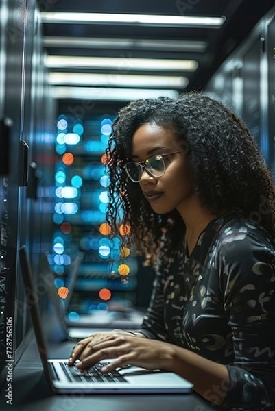 Fototapeta Young black woman using a laptop in a dark server room. Efficiently working in a dark server room, maintaining network stability.