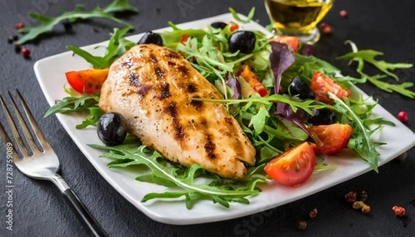 Fototapeta Grilled chicken fillet with fresh vegetables on plate; green salad with arugula, onion, tomatoes and olives