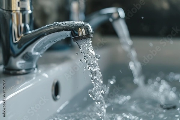 Fototapeta Close-up of a modern chrome faucet with water flowing, focus on water droplets, blurred background. Suitable for plumbing, hygiene, water saving, and environmental awareness content