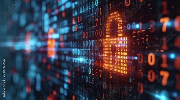 Fototapeta Cybersecurity concept represented by a glowing digital lock on an intricate electronic circuit board with binary code.