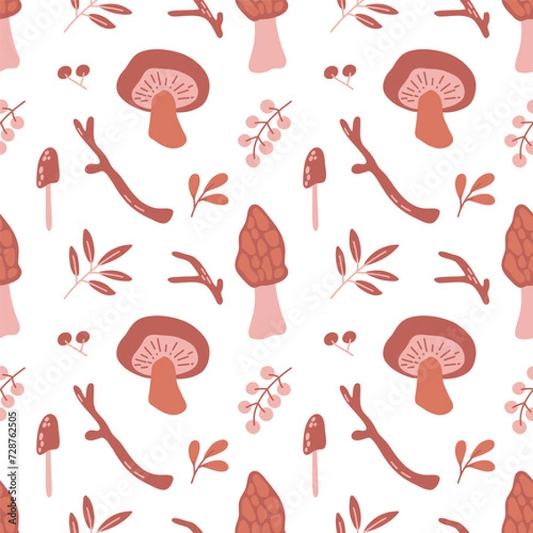 Obraz Seamless pattern with edible and inedible mushrooms, leaves, berries, branches. Autumn forest in brown color. Vector illustration for fabric, wrapping, textile, wallpaper, apparel.