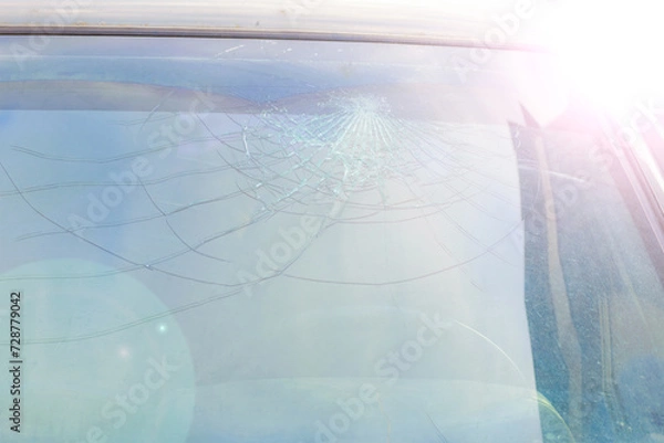 Fototapeta broken car windshield. a crack in the glass after an accident or a stone hit