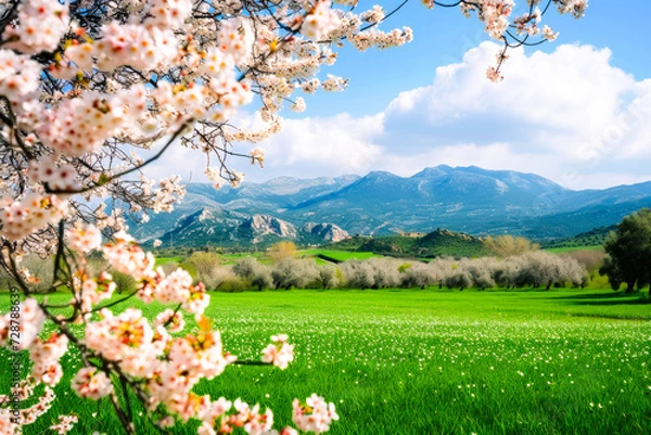 Obraz Spring landscape with an almond tree in the foreground and a green field with mountains in the background.