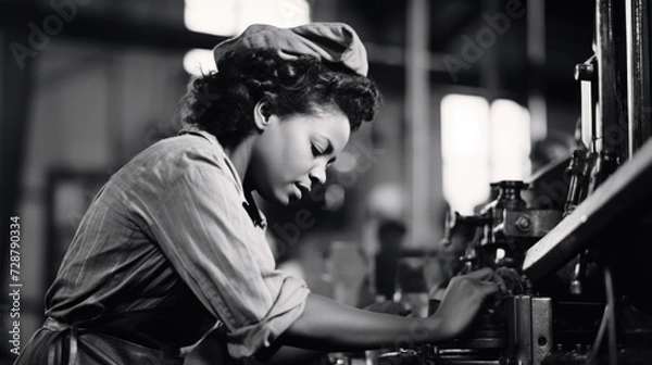 Fototapeta Clad in work attire, a woman demonstrates proficiency as she works on a large industrial machine, showcasing expertise and diligence in the factory.