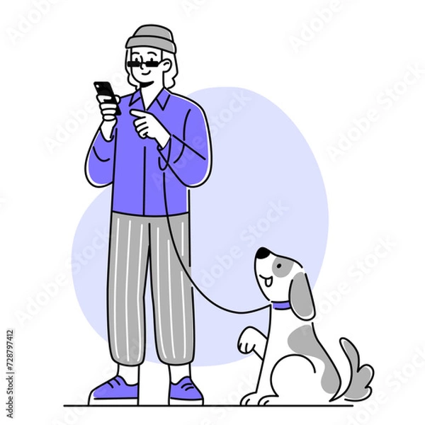 Fototapeta person with dog and holding smartphone