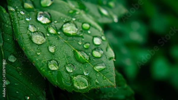 Fototapeta Detailed shot of water droplets on a green leaf after rain.