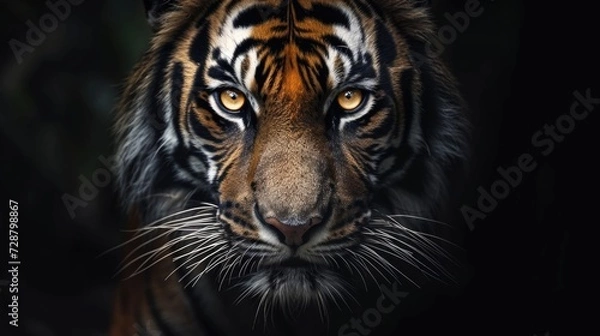 Obraz Intense Gaze of a Bengal Tiger: Face Illuminated Against Black Background