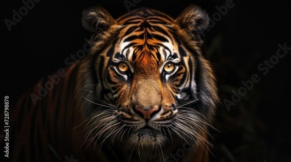 Fototapeta Close-Up of Bengal Tiger's Face with Intricate Fur Pattern in Darkness