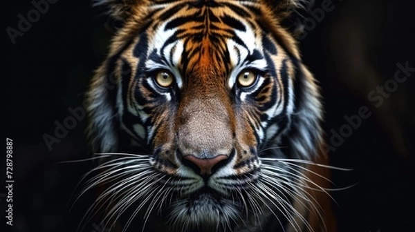 Obraz Bengal Tiger Face Emerging from Darkness with Piercing Golden Eyes