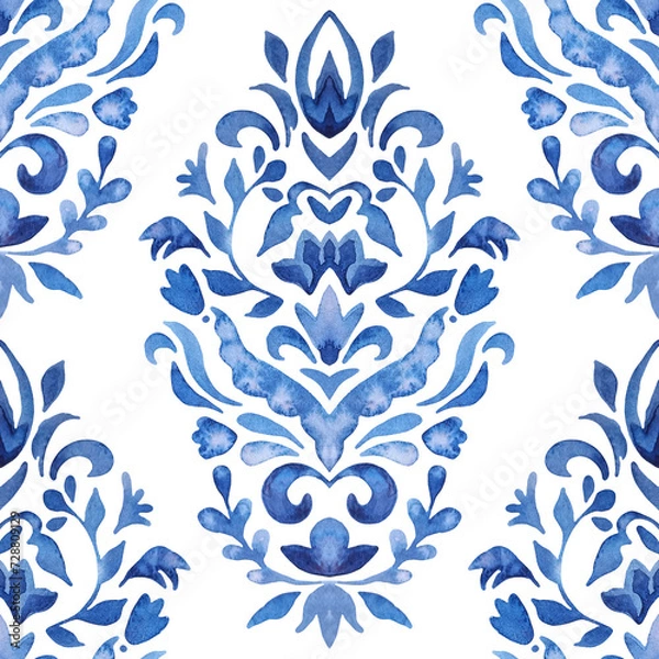 Obraz Watercolor blue damask hand drawn floral design. Seamless persian style filigree background. Damask paint tile pattern for fabric and ceramics