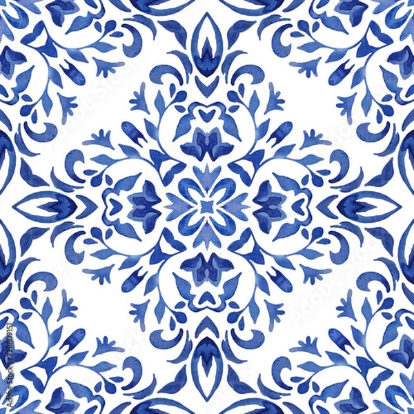 Obraz Abstract blue and white tile seamless ornamental watercolor paint pattern. Azulejo portuguese style mediterranean mosaic