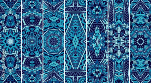 Fototapeta Festival Abstract Mandala ethnic pattern set with blue color psychedelic print design. Mexican tribal geometric carpet ornament banner collection