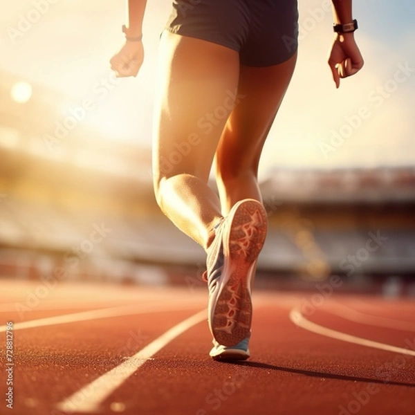 Fototapeta Running on racetrack at stadium. Close up of athlete legs.