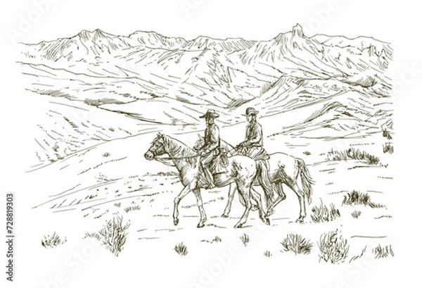 Obraz Two cowboys on horseback in the countryside
