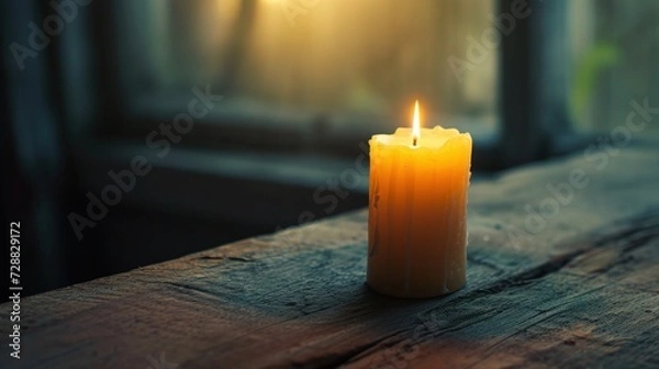 Obraz  a lit candle sitting on a wooden table in front of a window with the sun shining through the window pane and a window sill in the back ground.