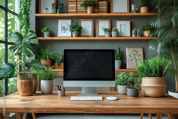 Obraz Eco-friendly workspace with mock-up desktop computer