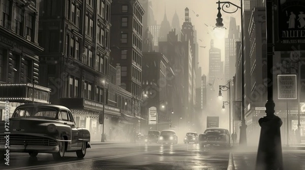 Fototapeta Atmospheric Black and White Representation of a Mid-20th Century New York Style Cityscape with Hazy Light