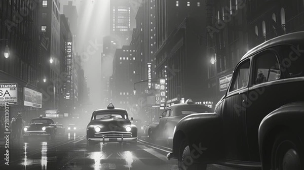 Fototapeta Atmospheric Black and White Representation of a Mid-20th Century New York Style Cityscape with Hazy Light