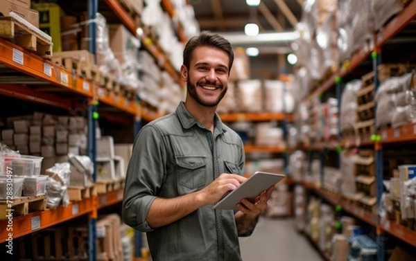 Obraz Cheerful Male Salesman With Tablet in Hardware Store Warehouse