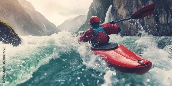 Obraz Adventurous Kayaker Maneuvering Through Turbulent White Water Rapids in a Scenic Mountain River