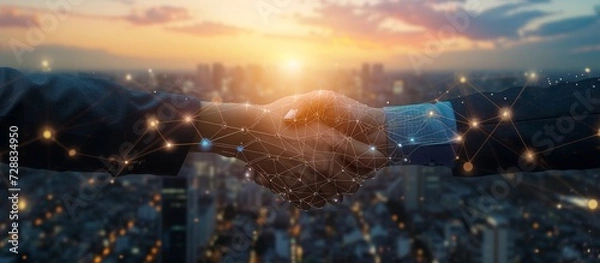 Fototapeta Business Handshake with Networking Connections on Urban Background Banner