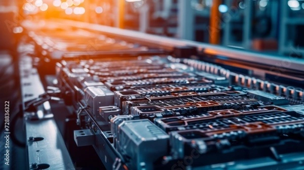 Fototapeta Detailed View of Electric Vehicle Battery Cells on a High-Tech Assembly Line in a Factory