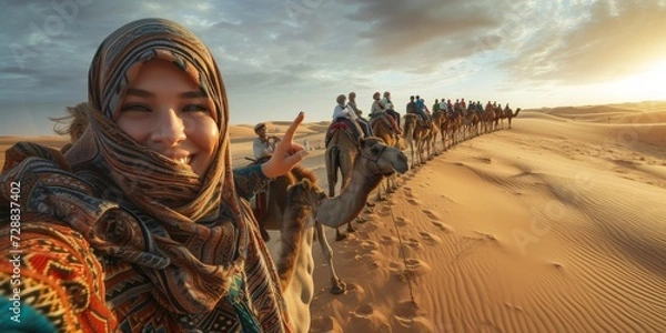 Fototapeta Joyful Man Taking Selfie While Riding Camel with Tour Group in Desert Landscape