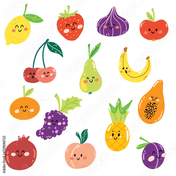 Fototapeta Set of hand drawn fruits in cartoon kawaii style. Cute juicy fruit in childish style for print, menu, kids game