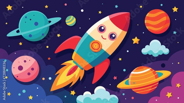 Fototapeta Cartoon Rocket Flying Among Planets in the Sky