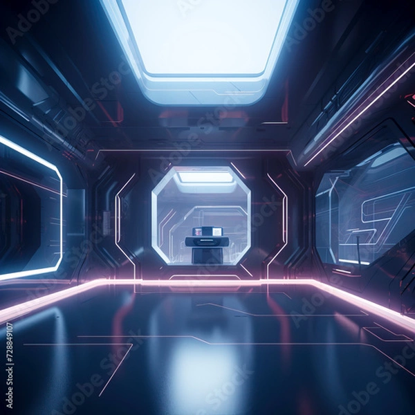 Fototapeta Sleek Futuristic Space Station Corridor Design created with Generative AI technology