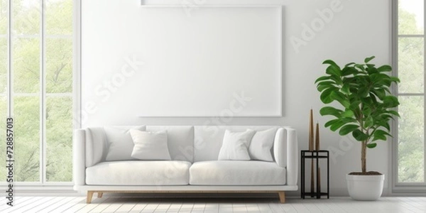 Fototapeta Modern, minimalist, white interior near window with a high-quality photo of a white sofa.