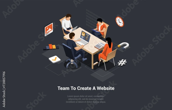 Fototapeta Team of Ux Ui Designers Developing Website Sitting At Desk In The Office. Programmer Write Software And Create Code. Development of Websites and Mobile Applications. Isometric 3d Vector Illustration