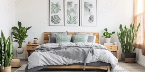 Fototapeta Grey-themed bedroom with plants, posters, and a patterned blanket on a wooden bed. Real image.