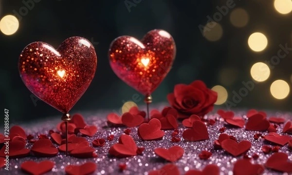 Fototapeta Sparkling hearts on a red background. heart shaped bokeh. Valentine's Day