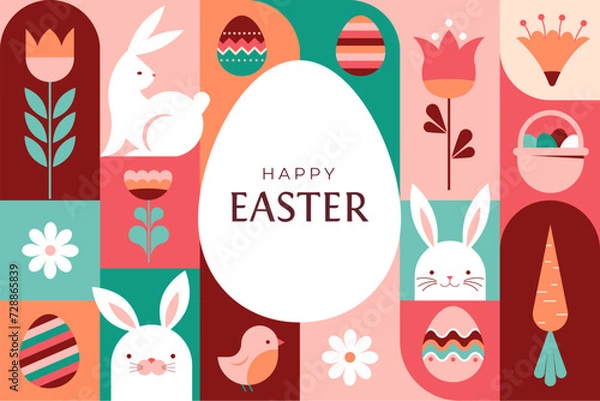 Obraz Happy Easter geometric background, Easter egg card, framed banner design