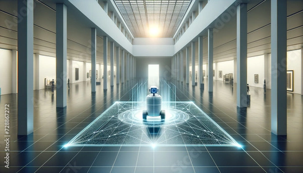 Obraz Serenity in Mapping: Autonomous robot performing SLAM in a tranquil, modern interior.