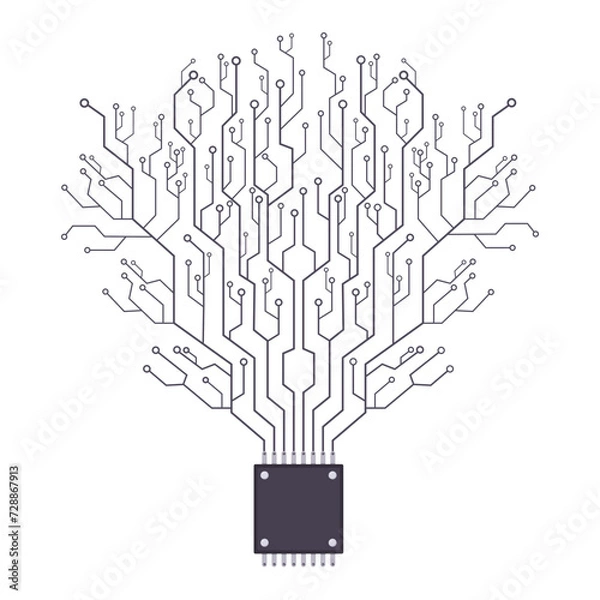 Fototapeta Tree branch circuit matrix growing from a CPU or microchip programming center