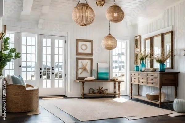 Fototapeta An elegant coastal entry with a shell-inspired pendant light, shiplap walls, and a curated display of vintage beach finds